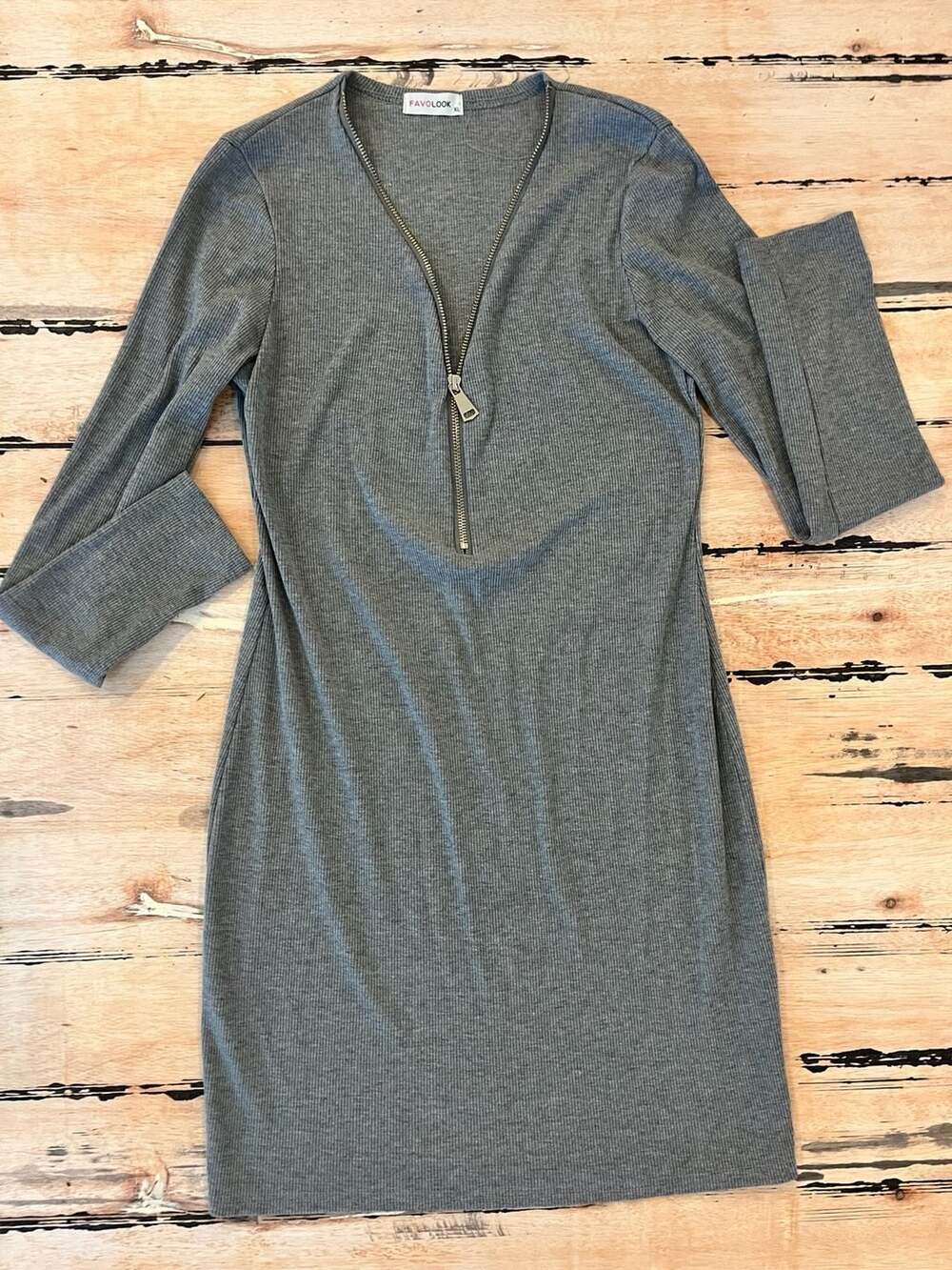 Favolook Gray Ribbed Long Sleeve Zip Front Mini Dress Size XL